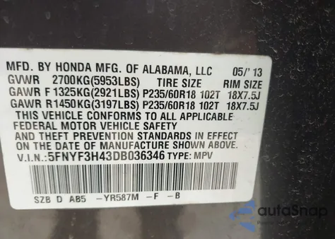 2013 Honda Pilot Ex from USA, damaged, VIN 5FNYF3H43DB036346
